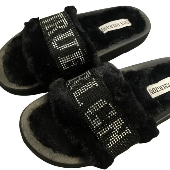 True Religion Black Fuzzy Chunky Bling Rhinestone Women's Slides Sandals Sz 